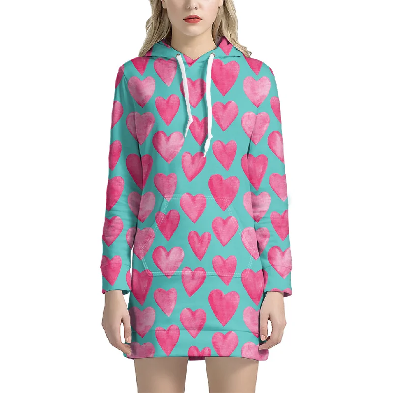 Pink And Teal Watercolor Heart Print Pullover Hoodie Dress