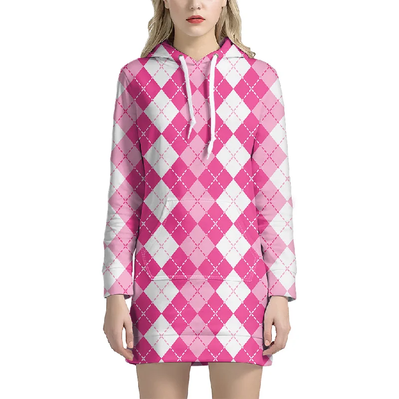 Pink And White Argyle Pattern Print Pullover Hoodie Dress