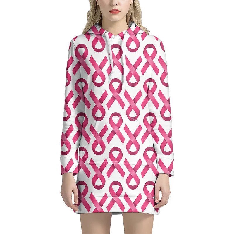 Pink And White Breast Cancer Print Pullover Hoodie Dress