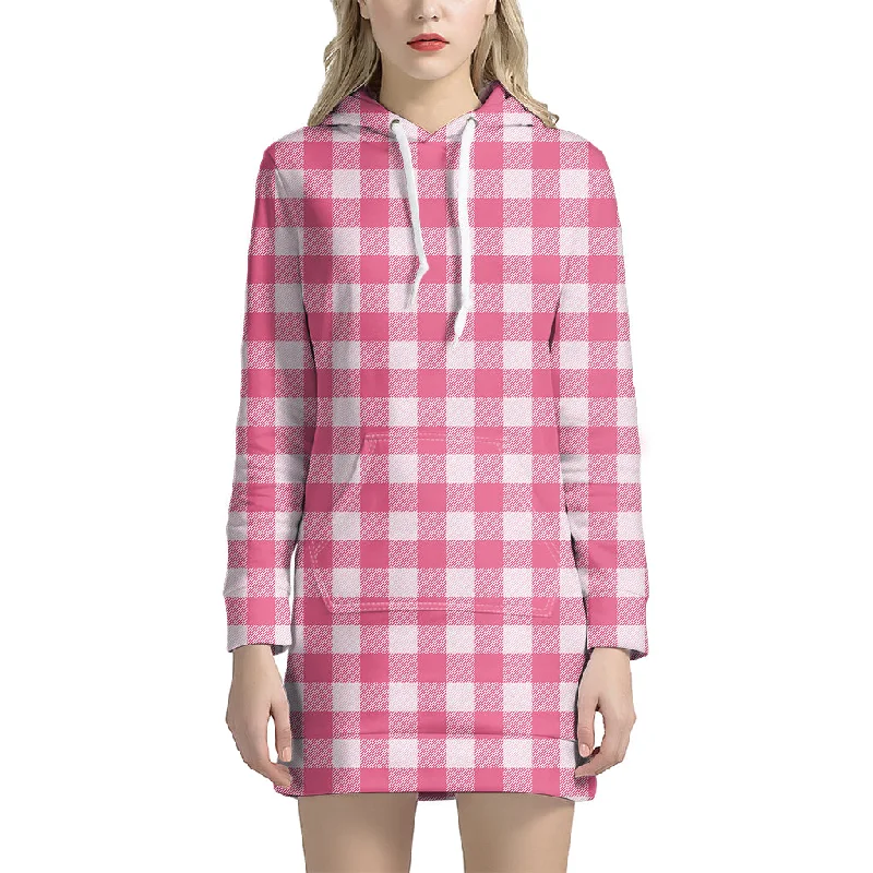 Pink And White Buffalo Check Print Pullover Hoodie Dress