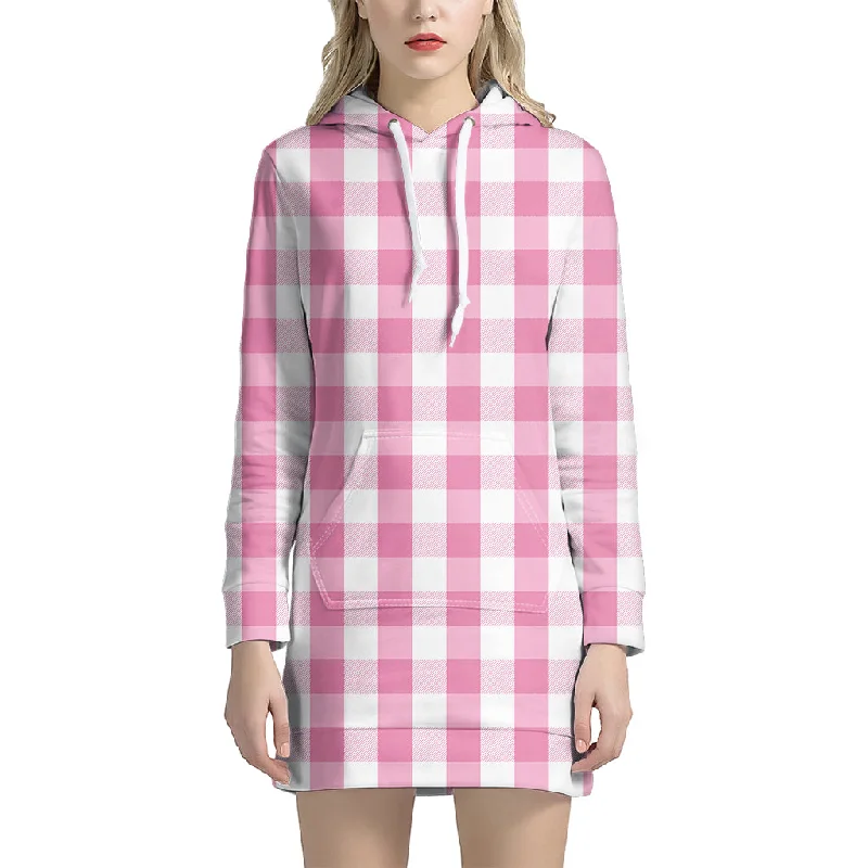 Pink And White Check Pattern Print Pullover Hoodie Dress