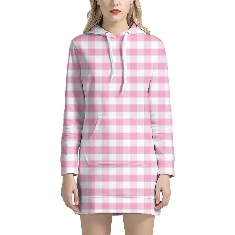 Pink And White Gingham Pattern Print Pullover Hoodie Dress