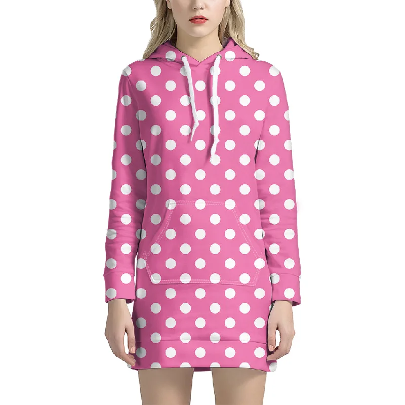 Pink And White Polka Dot Pattern Print Pullover Hoodie Dress