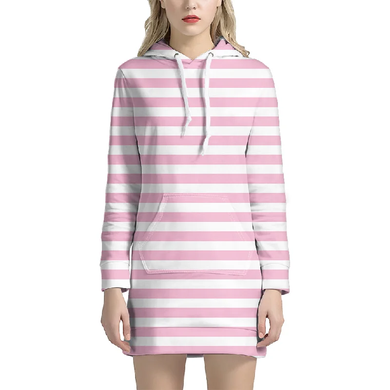 Pink And White Striped Pattern Print Pullover Hoodie Dress