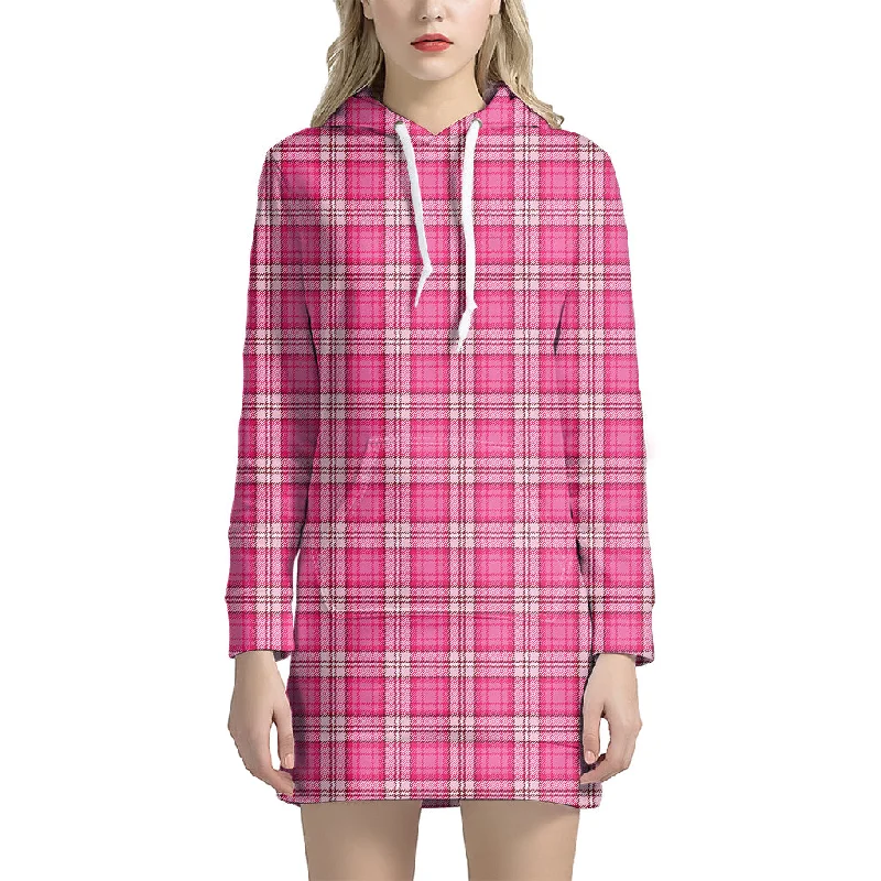 Pink And White Tartan Pattern Print Pullover Hoodie Dress