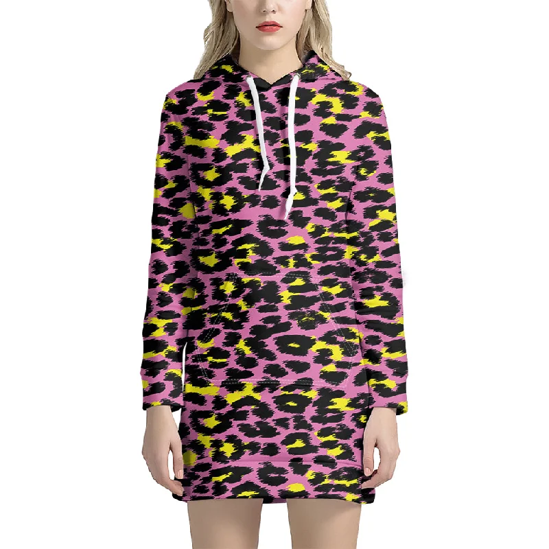 Pink And Yellow Leopard Print Pullover Hoodie Dress