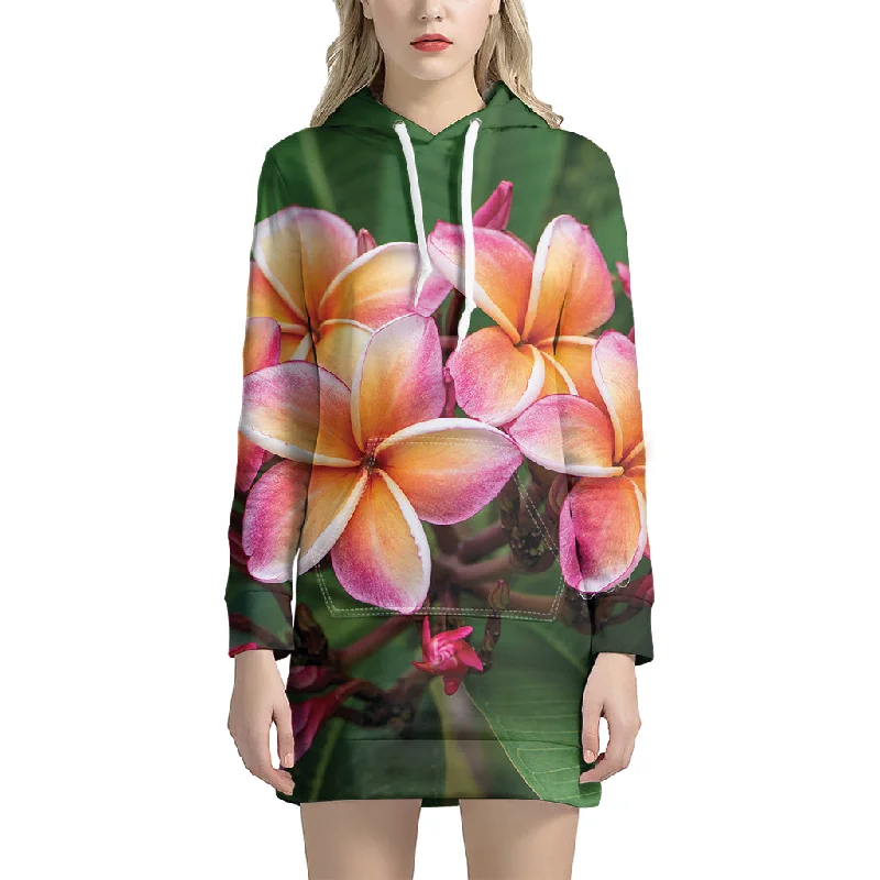 Pink And Yellow Plumeria Flower Print Pullover Hoodie Dress
