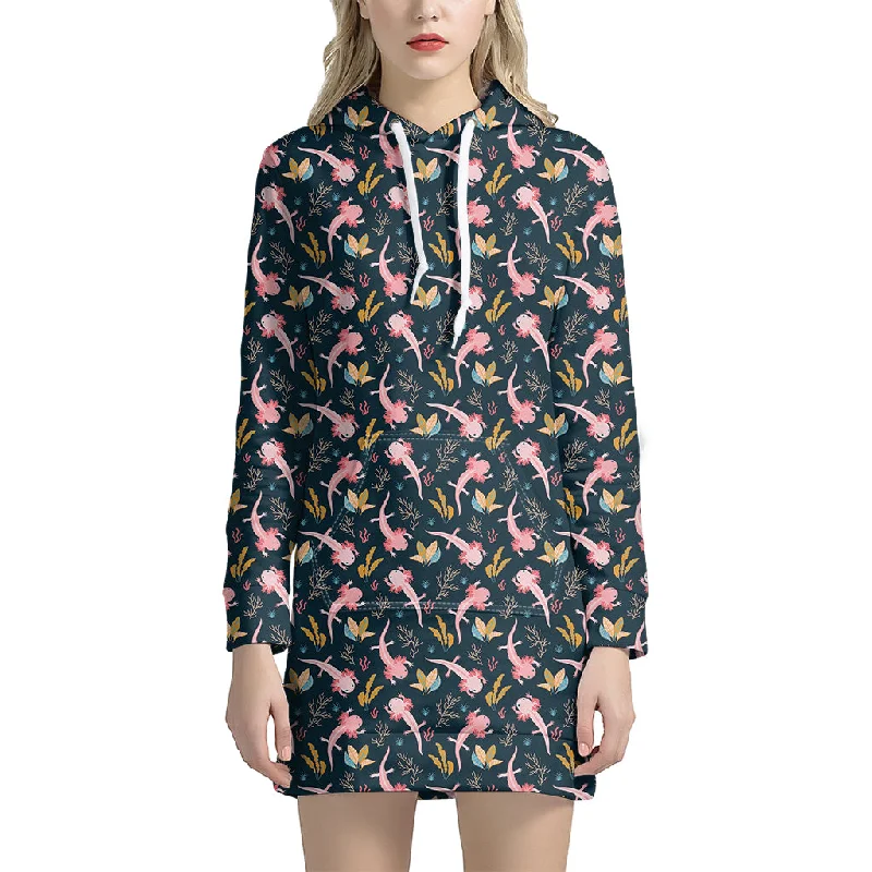 Pink Axolotl Pattern Print Pullover Hoodie Dress