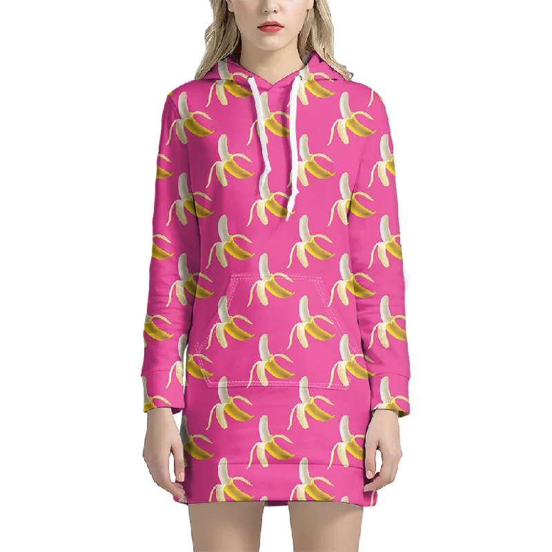 Pink Banana Pattern Print Pullover Hoodie Dress