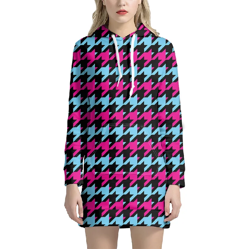 Pink Blue And Black Houndstooth Print Pullover Hoodie Dress