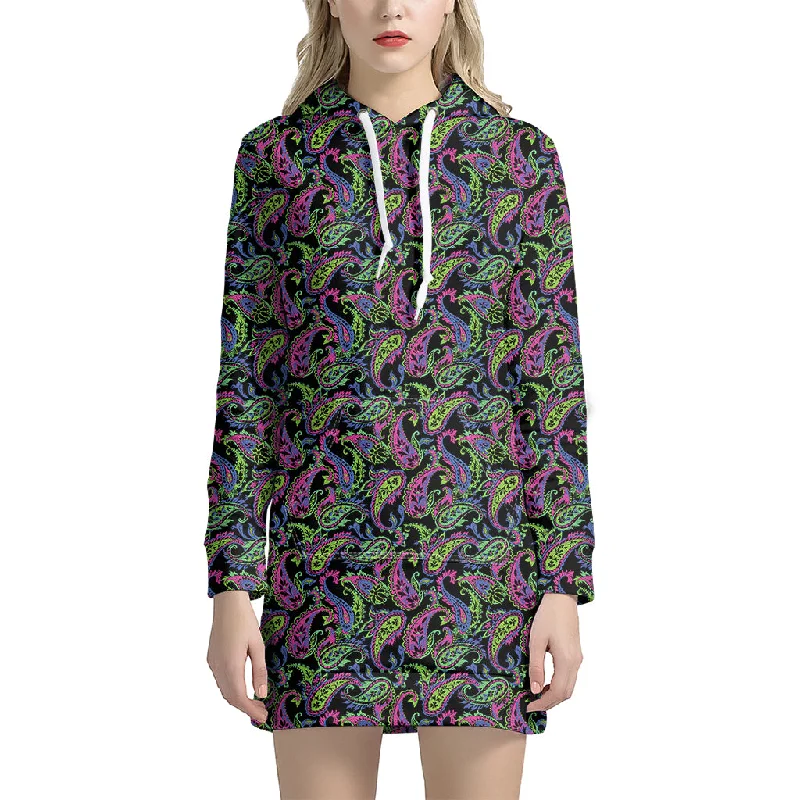 Pink Blue And Green Paisley Print Pullover Hoodie Dress