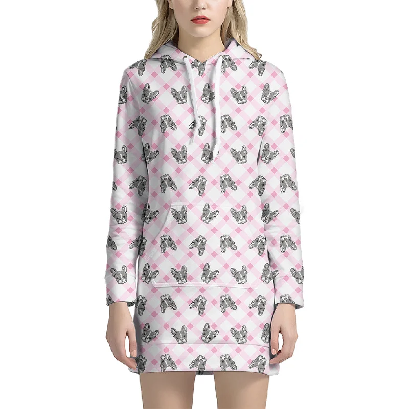 Pink Boston Terrier Plaid Print Pullover Hoodie Dress