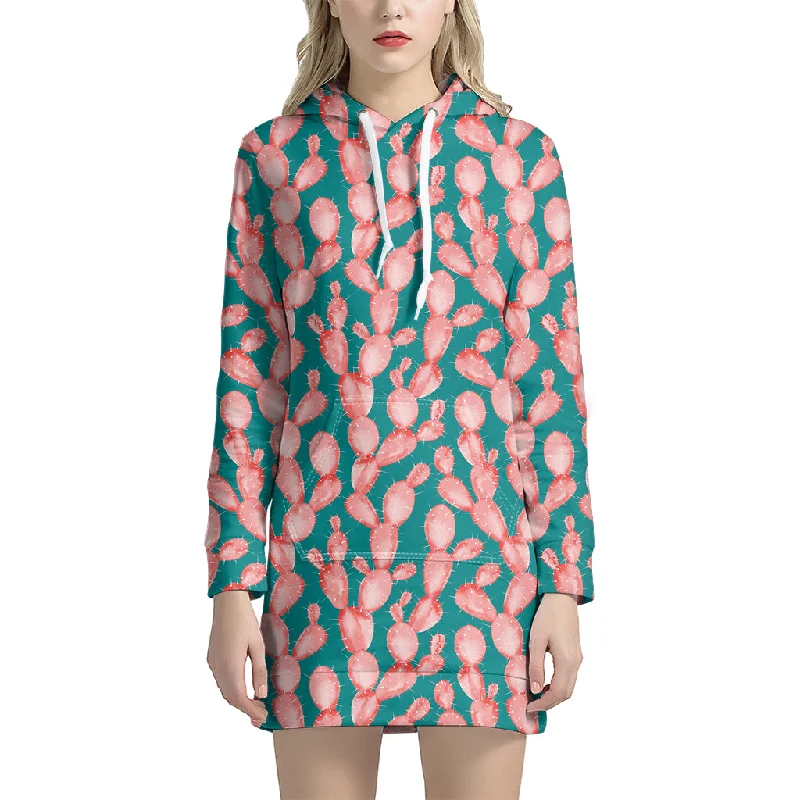 Pink Cactus Pattern Print Pullover Hoodie Dress