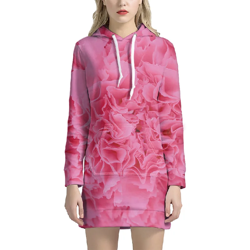 Pink Carnation Flower Print Pullover Hoodie Dress