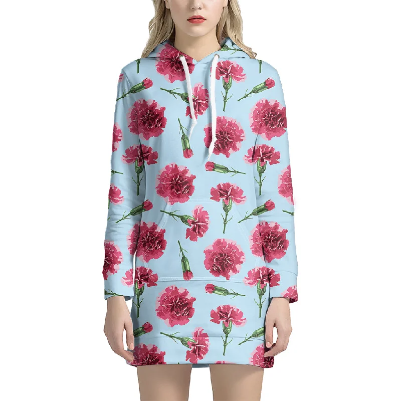 Pink Carnation Pattern Print Pullover Hoodie Dress
