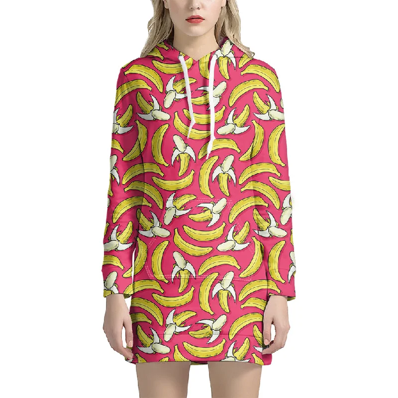 Pink Cartoon Banana Pattern Print Pullover Hoodie Dress