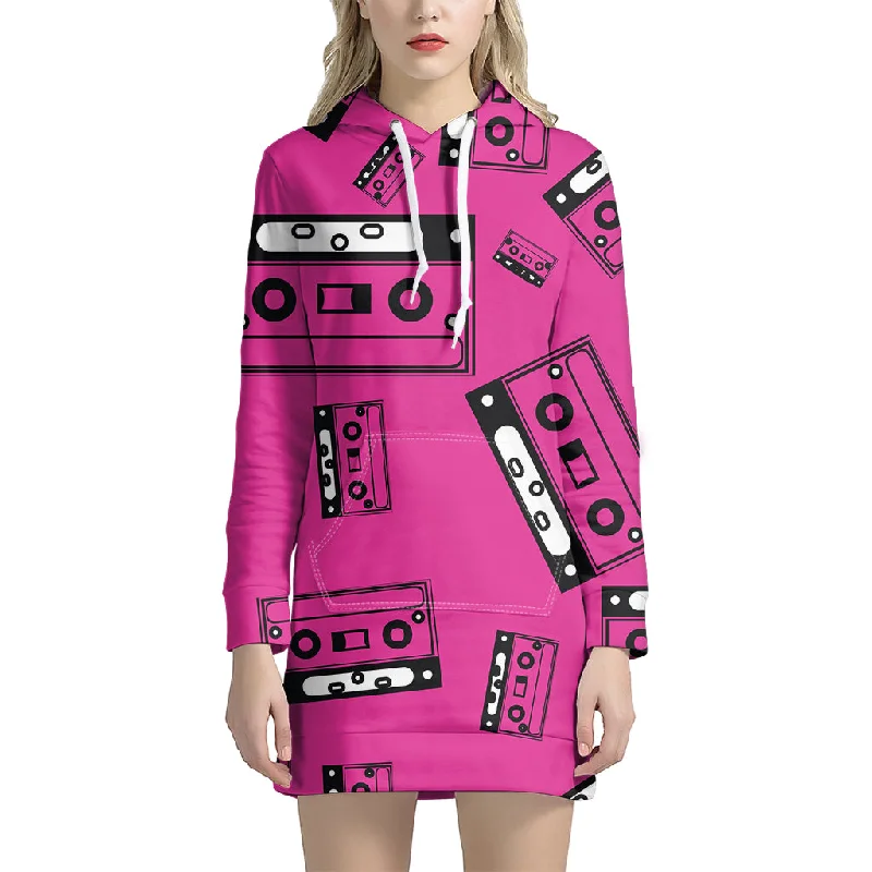 Pink Cassette Tape Pattern Print Pullover Hoodie Dress
