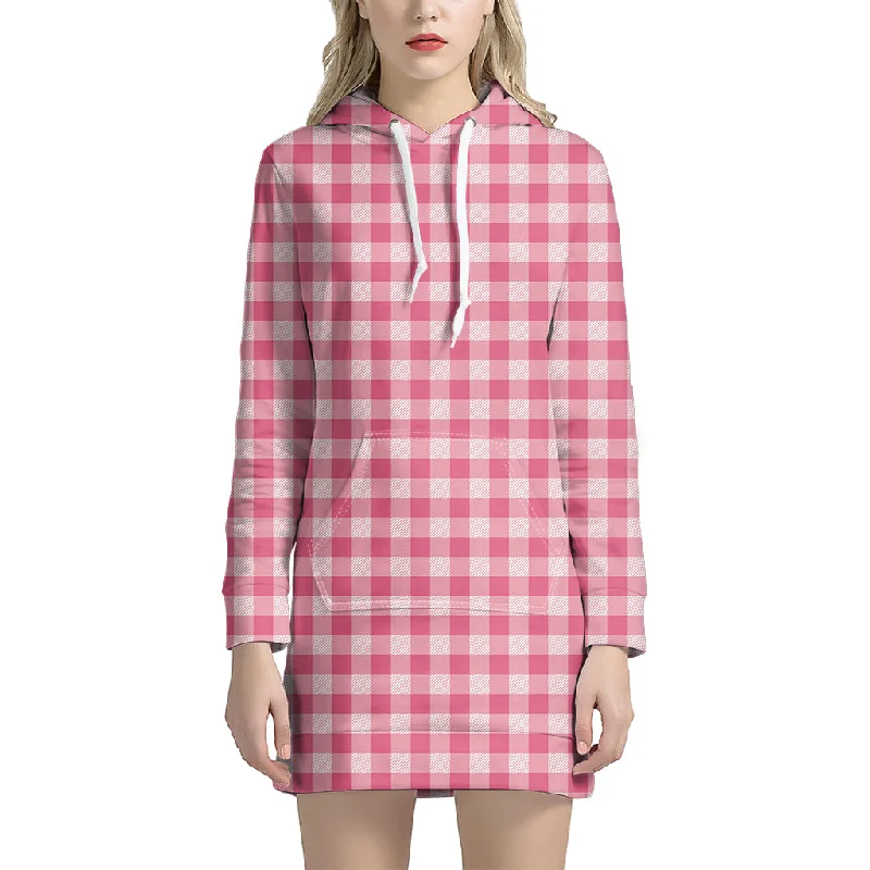 Pink Check Pattern Print Pullover Hoodie Dress
