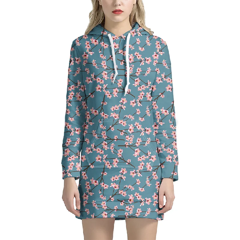 Pink Cherry Blossom Pattern Print Pullover Hoodie Dress