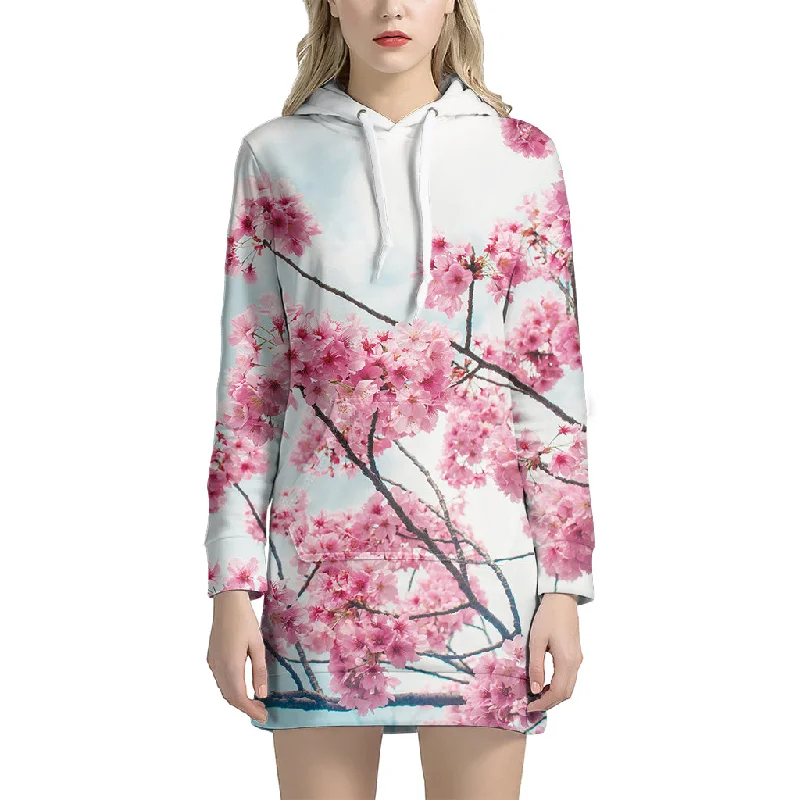 Pink Cherry Blossom Print Pullover Hoodie Dress