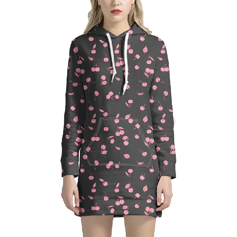 Pink Cherry Pattern Print Pullover Hoodie Dress