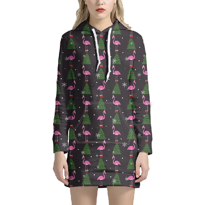 Pink Christmas Flamingo Pattern Print Pullover Hoodie Dress