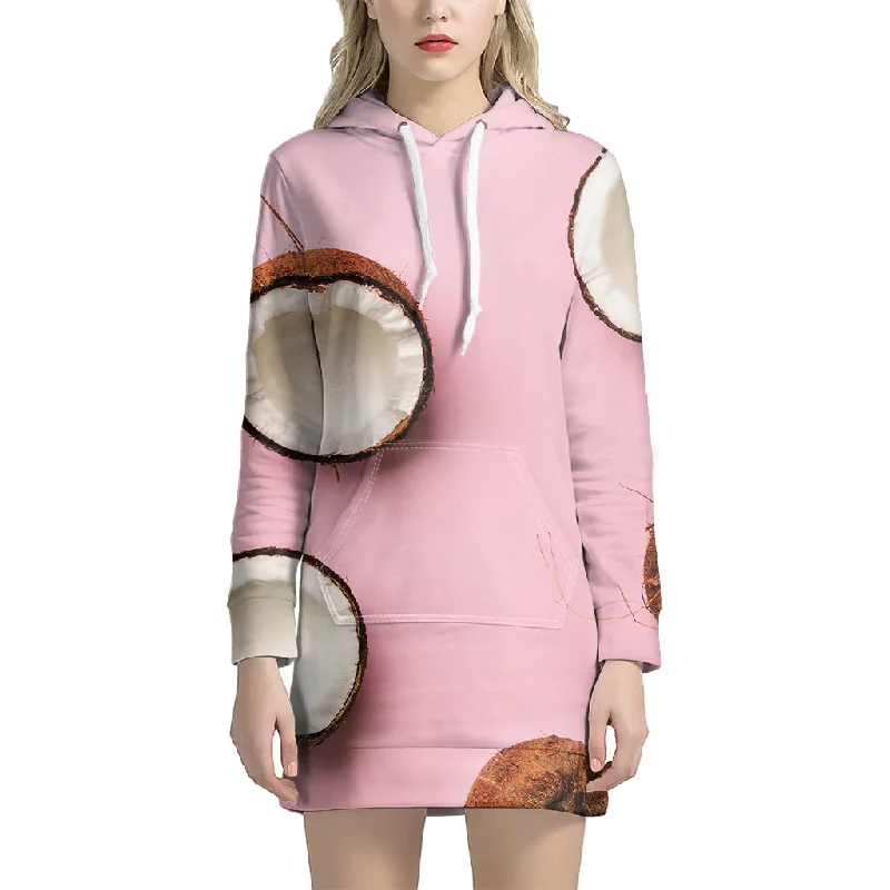 Pink Coconut Pattern Print Pullover Hoodie Dress