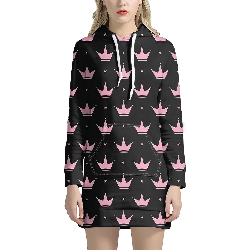 Pink Crown Pattern Print Pullover Hoodie Dress
