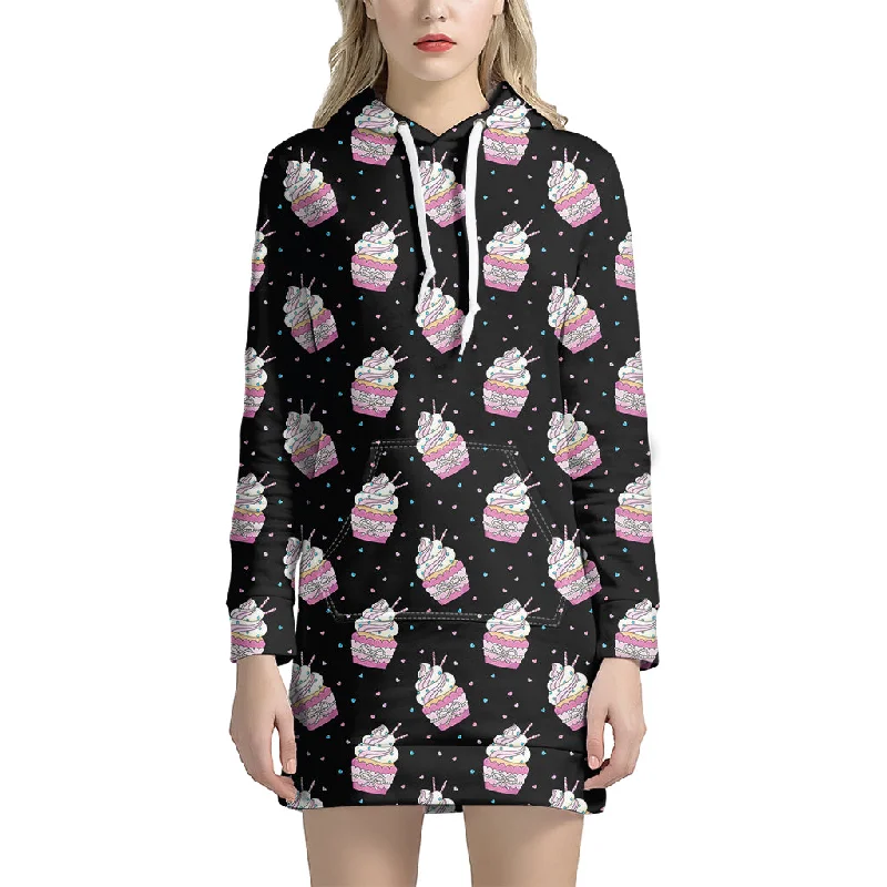 Pink Cupcake Pattern Print Pullover Hoodie Dress