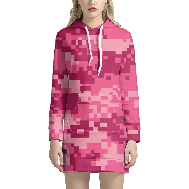 Pink Digital Camo Pattern Print Pullover Hoodie Dress