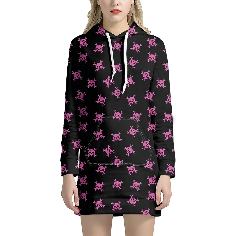 Pink Emo Skull Pattern Print Pullover Hoodie Dress