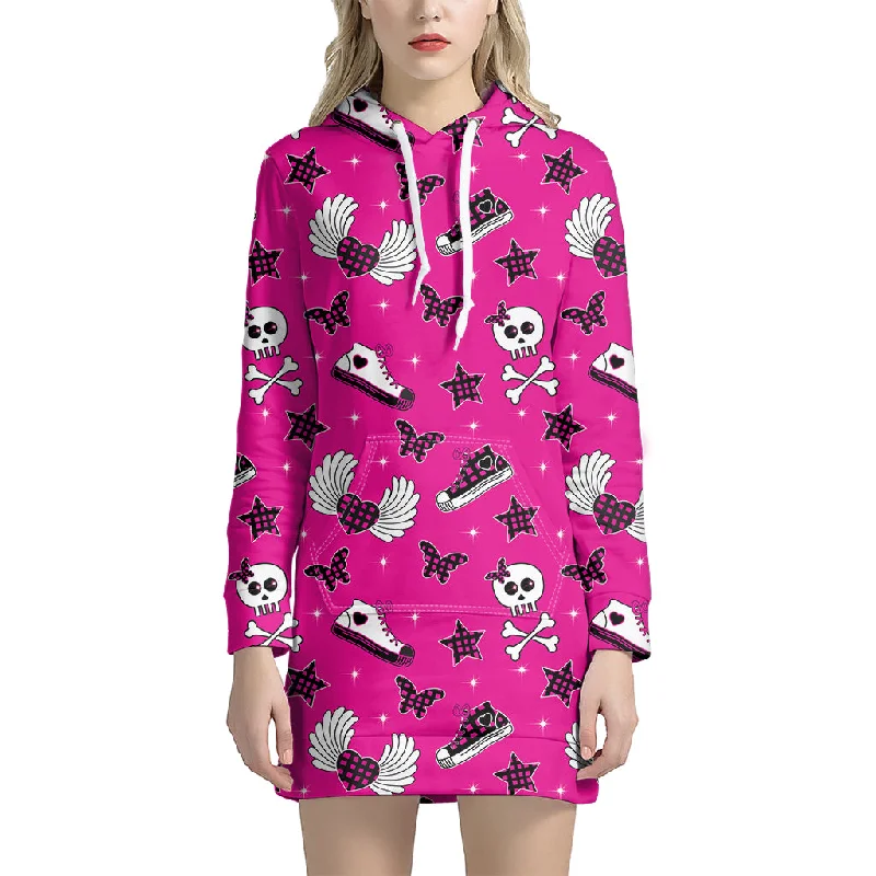 Pink Emo Symbols Pattern Print Pullover Hoodie Dress