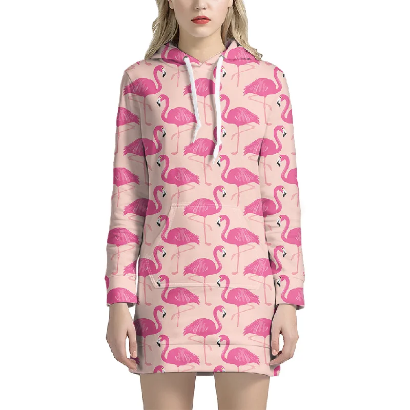 Pink Flamingo Pattern Print Pullover Hoodie Dress