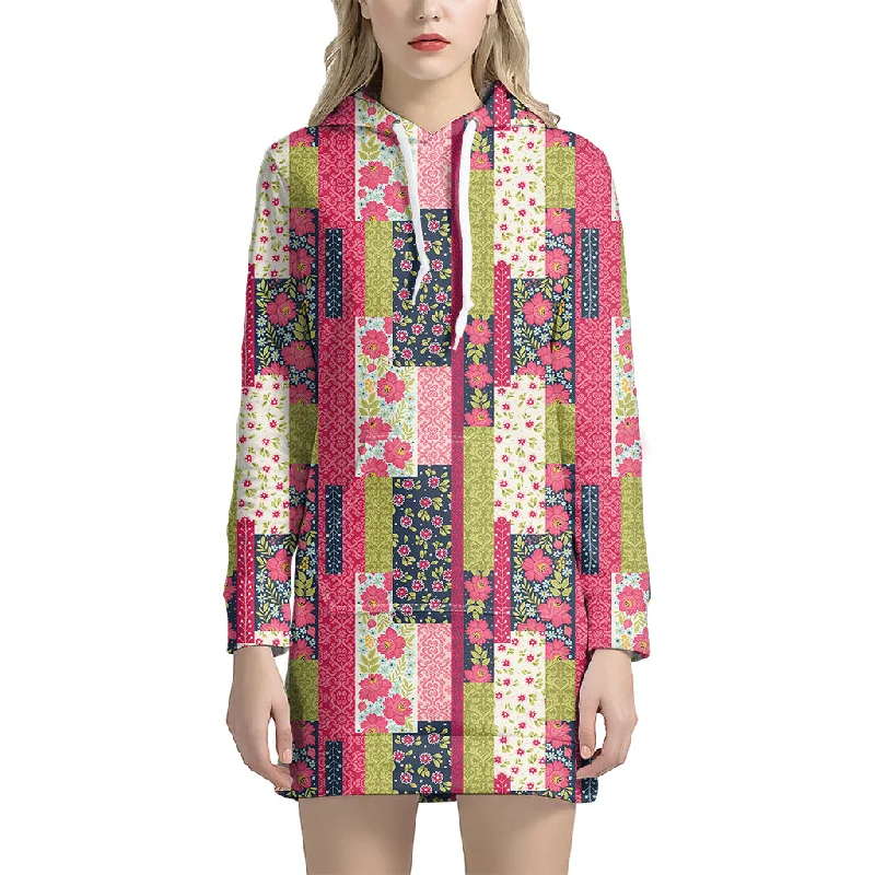 Pink Flower Patchwork Pattern Print Pullover Hoodie Dress
