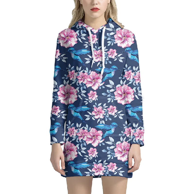 Pink Flowers And Hummingbird Print Pullover Hoodie Dress