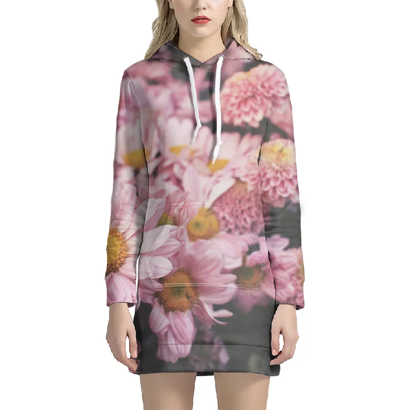 Pink Flowers Print Pullover Hoodie Dress
