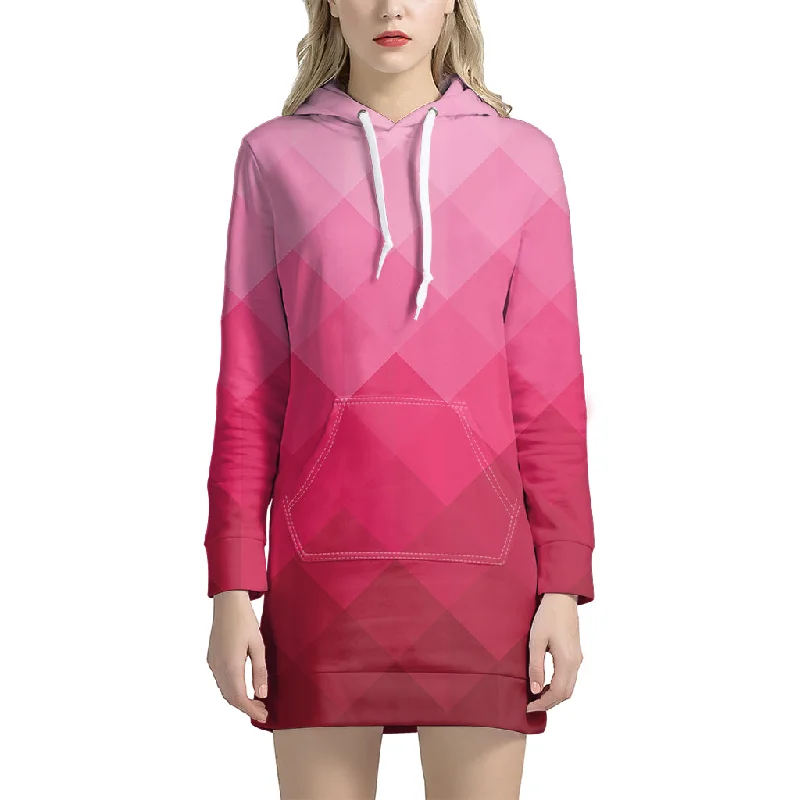Pink Geometric Square Pattern Print Pullover Hoodie Dress