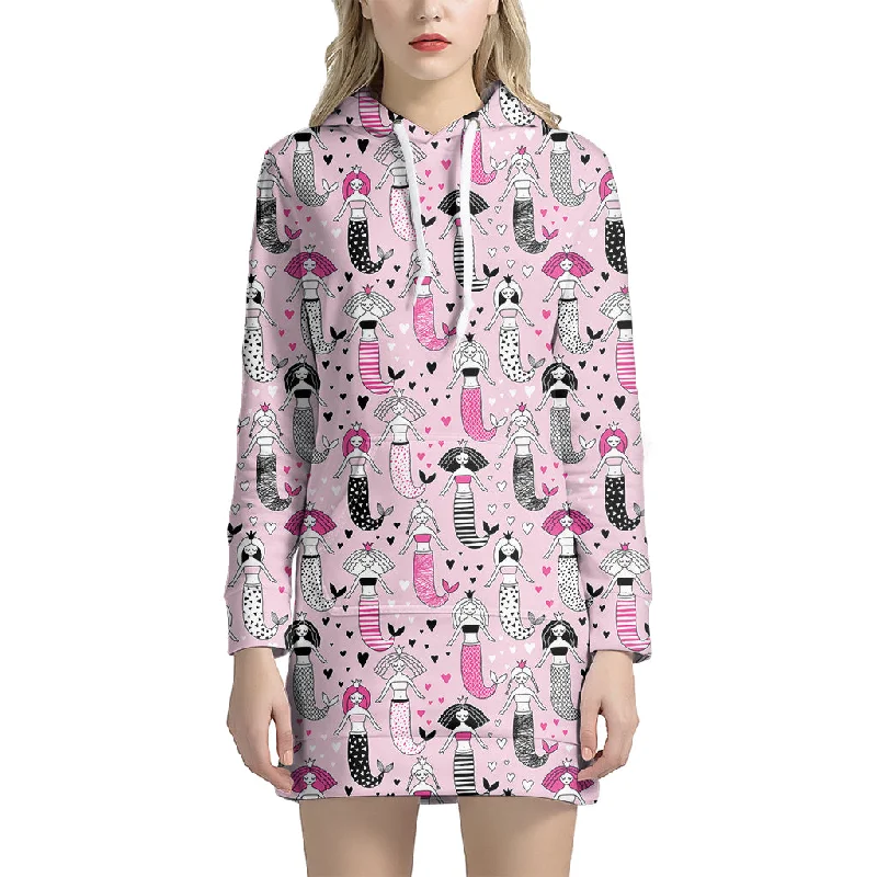 Pink Girly Mermaid Pattern Print Pullover Hoodie Dress