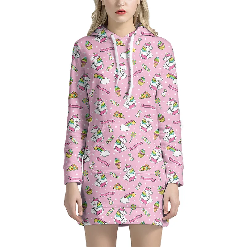 Pink Girly Unicorn Pattern Print Pullover Hoodie Dress
