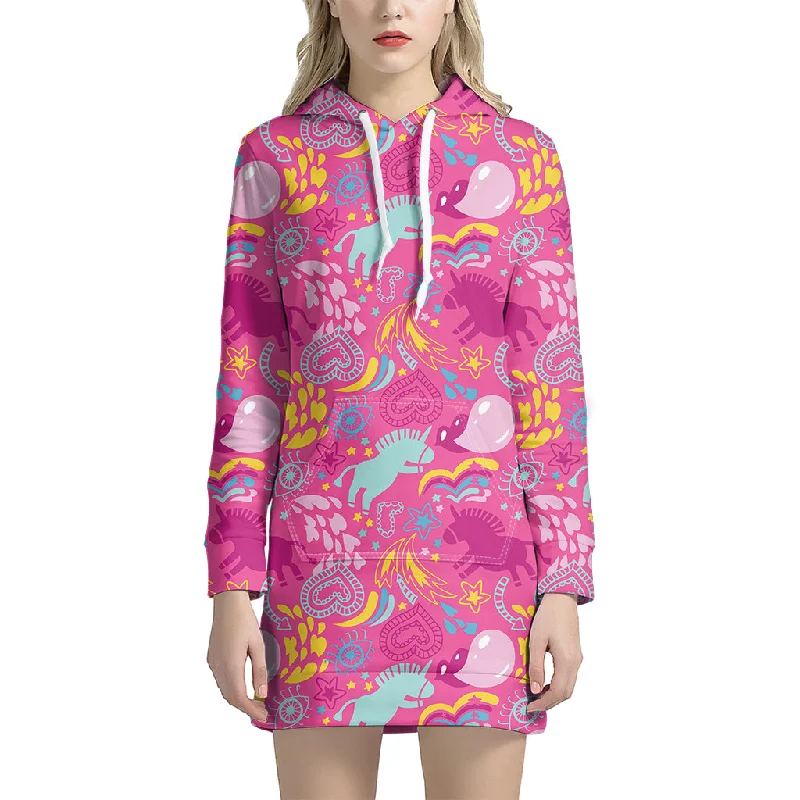 Pink Girly Unicorn Print Pullover Hoodie Dress