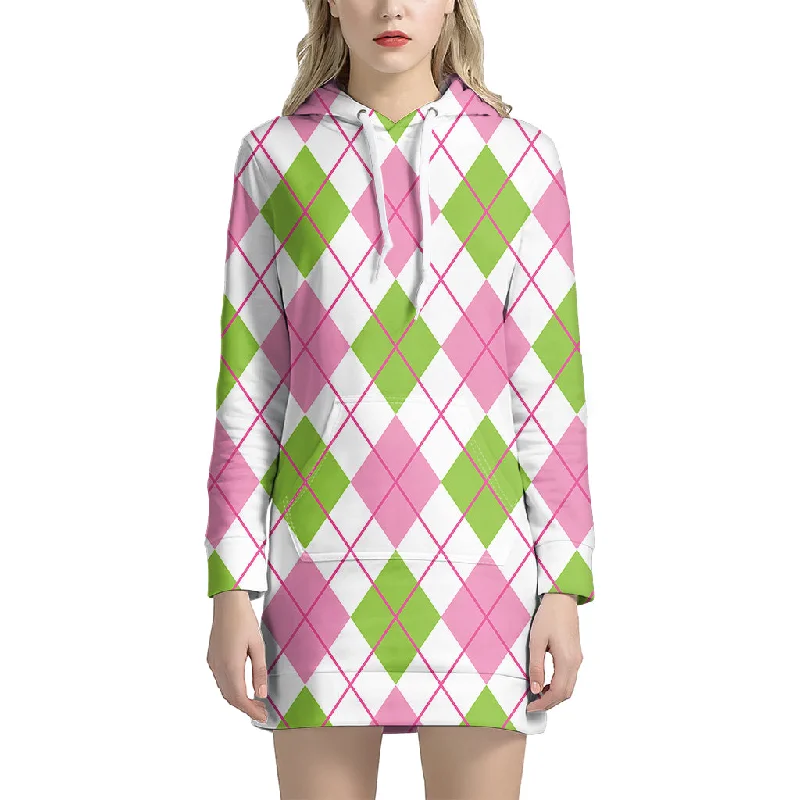 Pink Green And White Argyle Print Pullover Hoodie Dress
