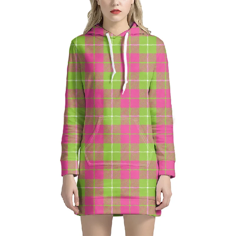 Pink Green And White Tartan Print Pullover Hoodie Dress
