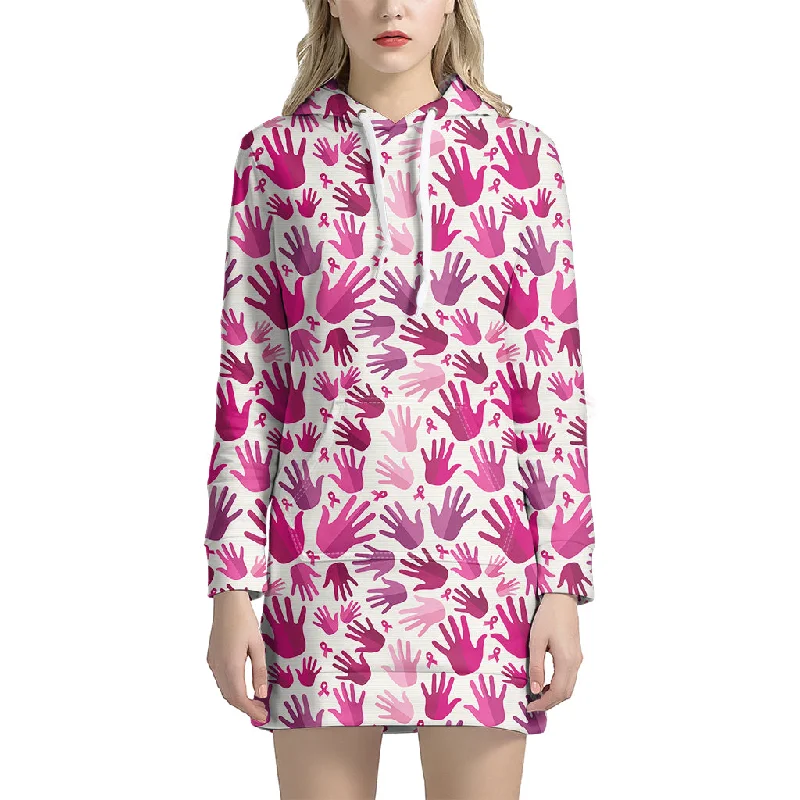 Pink Hand Breast Cancer Pattern Print Pullover Hoodie Dress