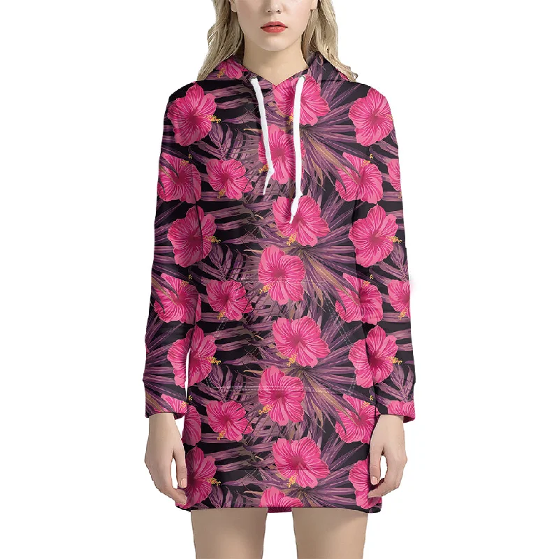 Pink Hawaiian Hibiscus Pattern Print Pullover Hoodie Dress
