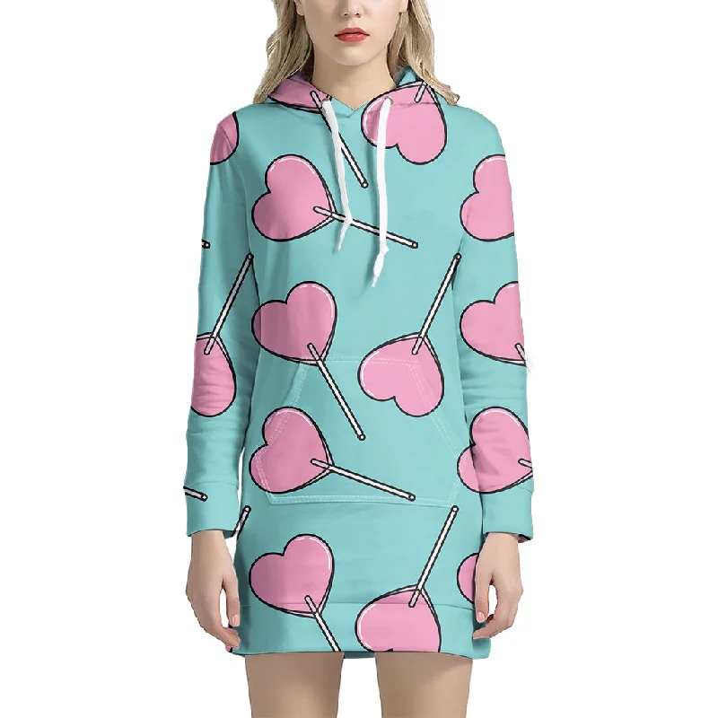 Pink Heart Lollipop Pattern Print Pullover Hoodie Dress