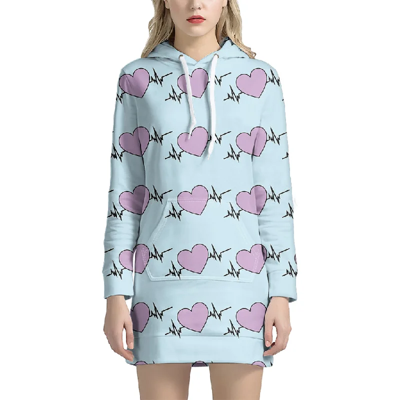 Pink Heartbeat Pattern Print Pullover Hoodie Dress