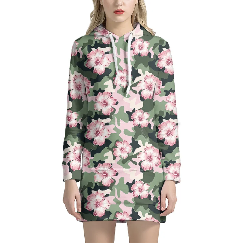 Pink Hibiscus Flower Camouflage Print Pullover Hoodie Dress