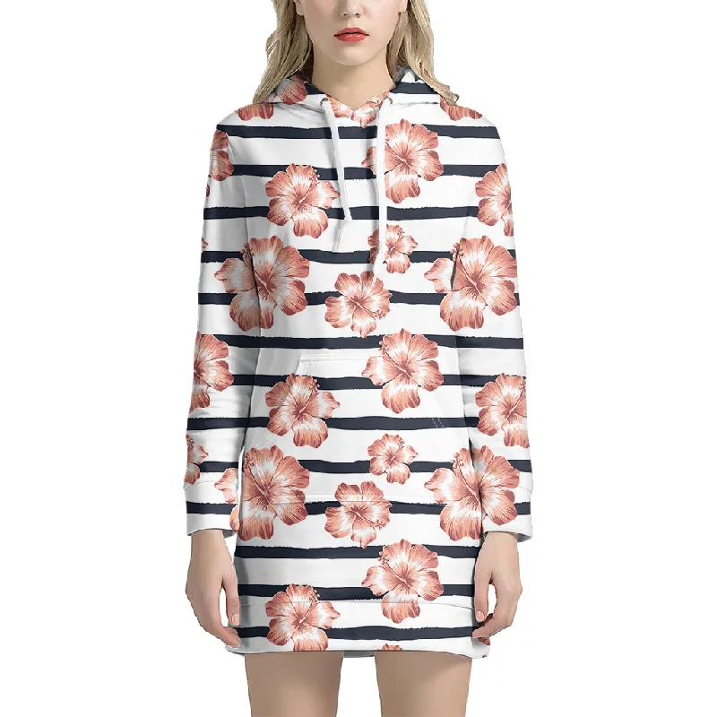 Pink Hibiscus Striped Pattern Print Pullover Hoodie Dress