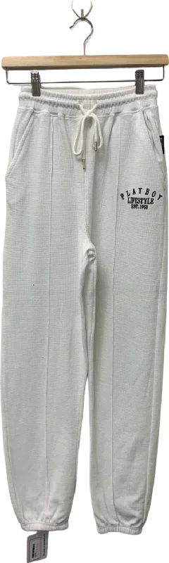 Playboy White Drawstring Jogger Pants UK 4 Sleek Black Pants