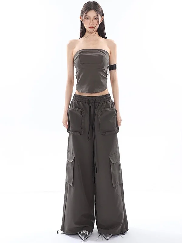 Shaya Solid Color Dark Grey Bandeau Sleeveless Slim Cropped Top + High Wasit Multi-Pocket Straight Leg Baggy Cargo Pants Matching Set Casual Sweatpants Style
